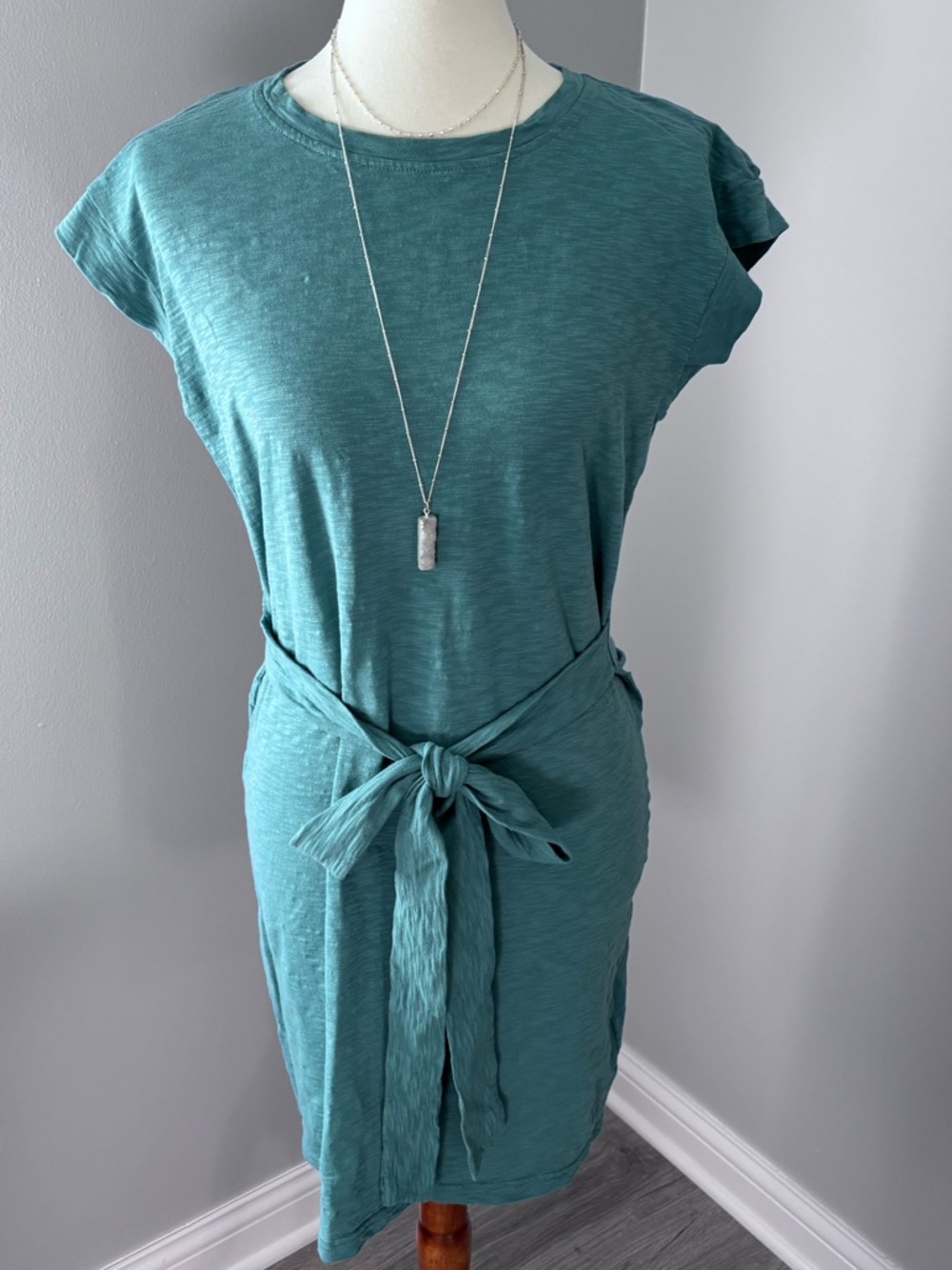J. Crew Factory Teal Tie-Waist Cotton Dress